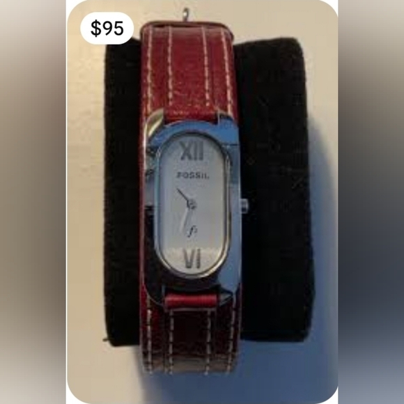 New, Never Worn. Fossil Silver Watch with Deep Red Leather Strap